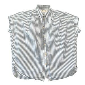 Madewell Blouse Top Womens S White Blue Striped Cotton Cap Sleeve Button Up